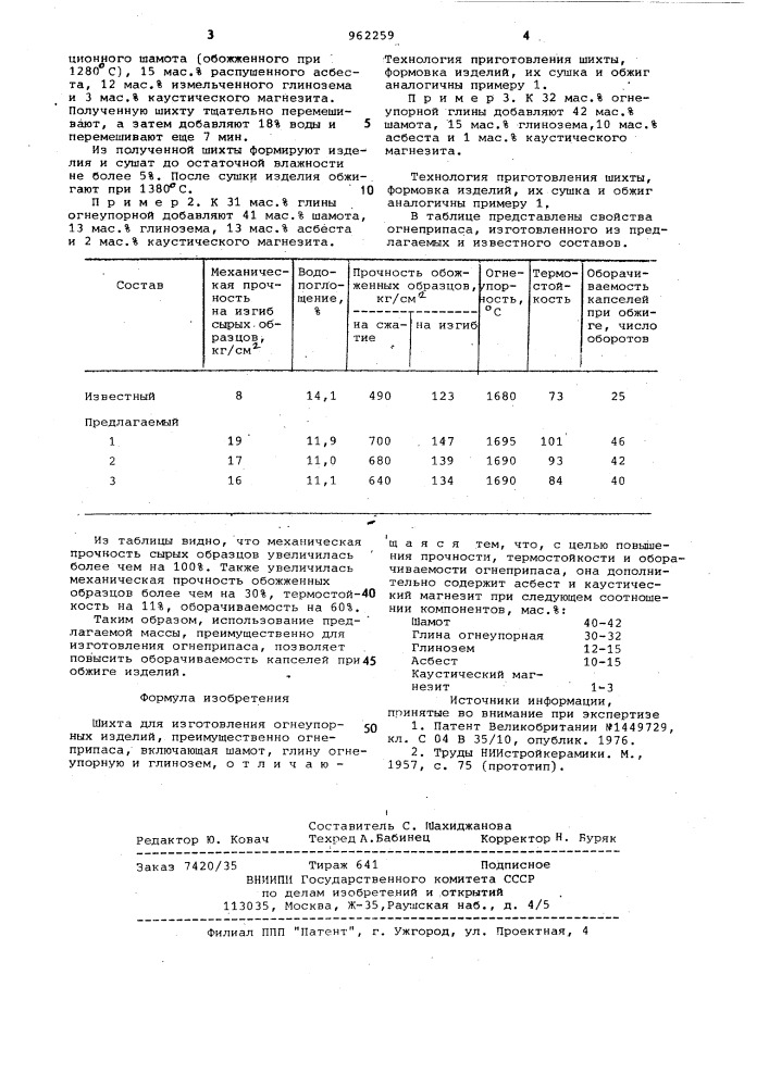 Шихта для изготовления огнеупорных изделий (патент 962259)