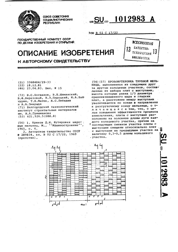 Бронефутеровка трубной мельницы (патент 1012983)