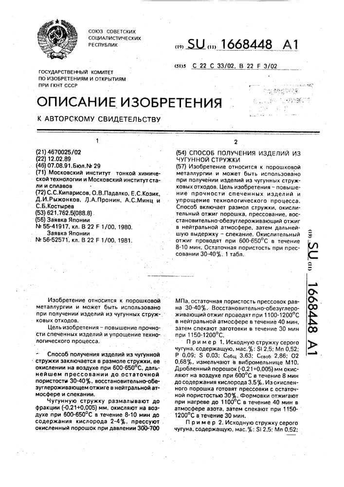 Способ получения изделий из чугунной стружки (патент 1668448)