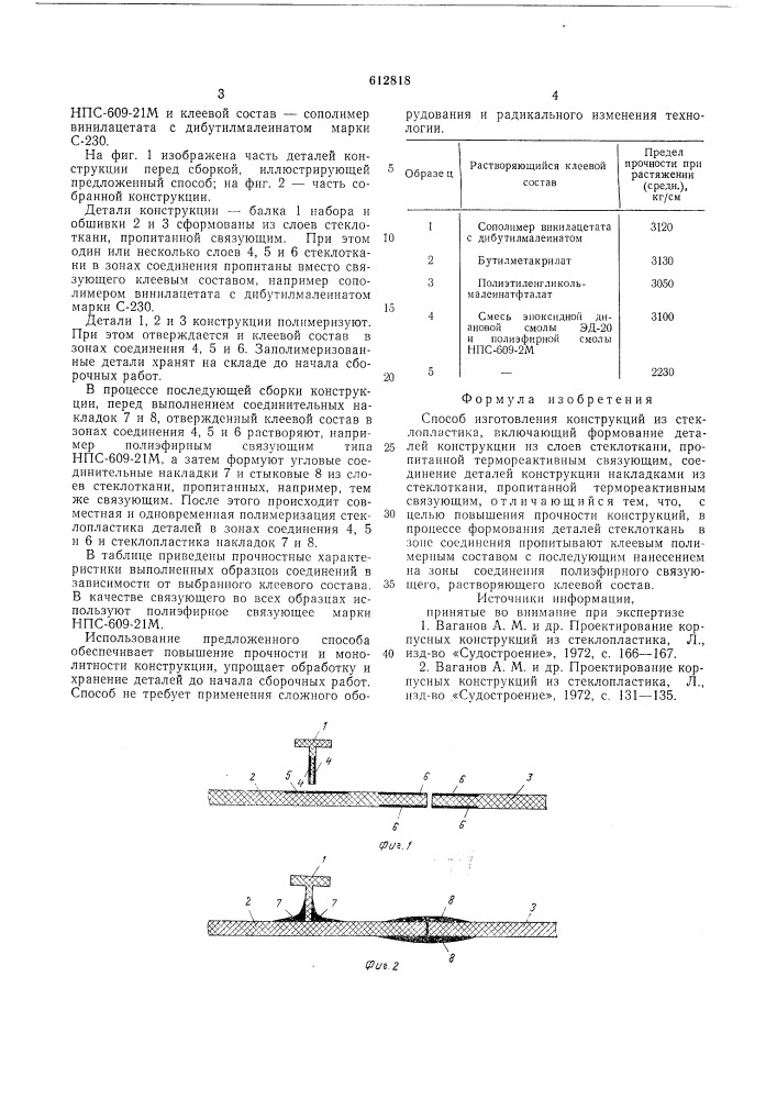 Способ изготовления конструкций из стеклопластика (патент 612818)