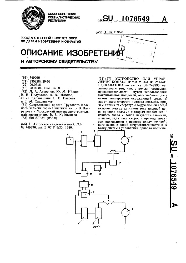 Устройство для управления копающими механизмами экскаватора (патент 1076549)