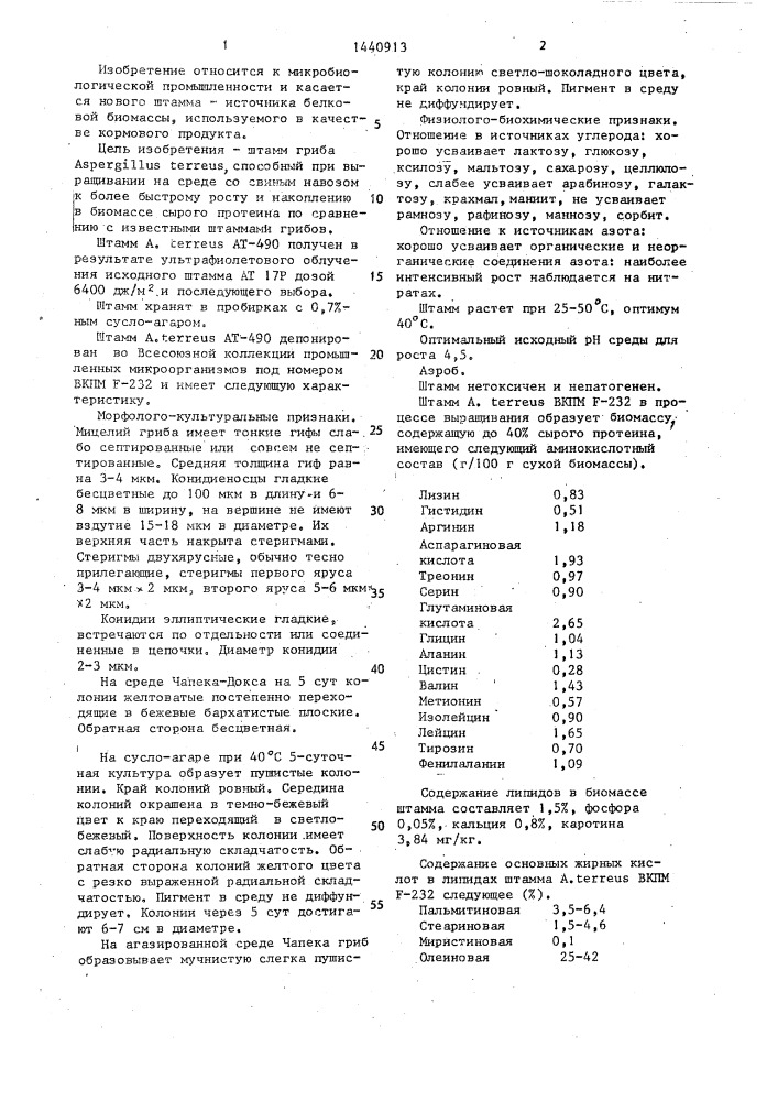 Штамм гриба aspergillus теrrеus-источник белковой биомассы (патент 1440913)