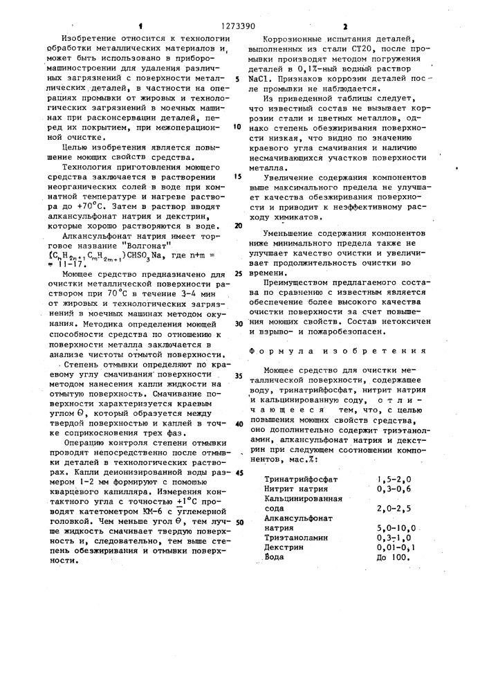 Моющее средство для очистки металлической поверхности (патент 1273390)