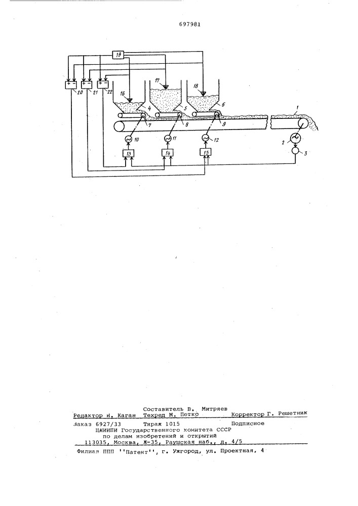 Способ автоматического регулирования производительности питательной установки конвейера (патент 697981)