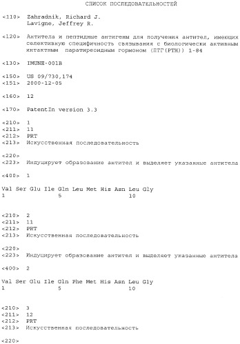 Антитела и пептидные антигены для получения антител, имеющих селективную специфичность связывания с биологически активным интактным паратиреоидным гормоном (птг(ртн))1-84 (патент 2460737)