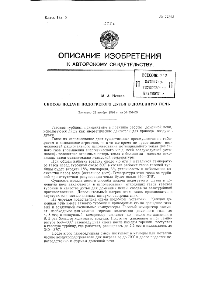 Способ подачи подогретого дутья в доменную печь (патент 77893)