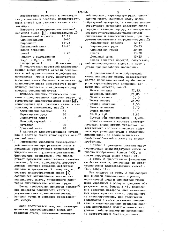 Экзотермическая шлакообразующая смесь для разливки стали (патент 1126366)