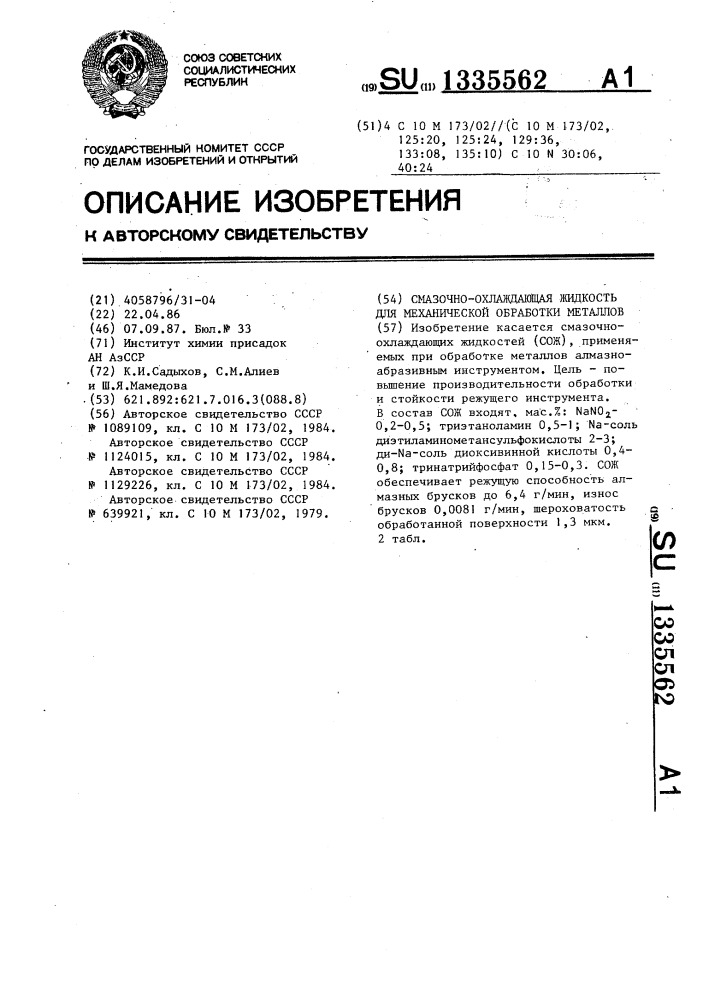 Смазочно-охлаждающая жидкость для механической обработки металлов (патент 1335562)