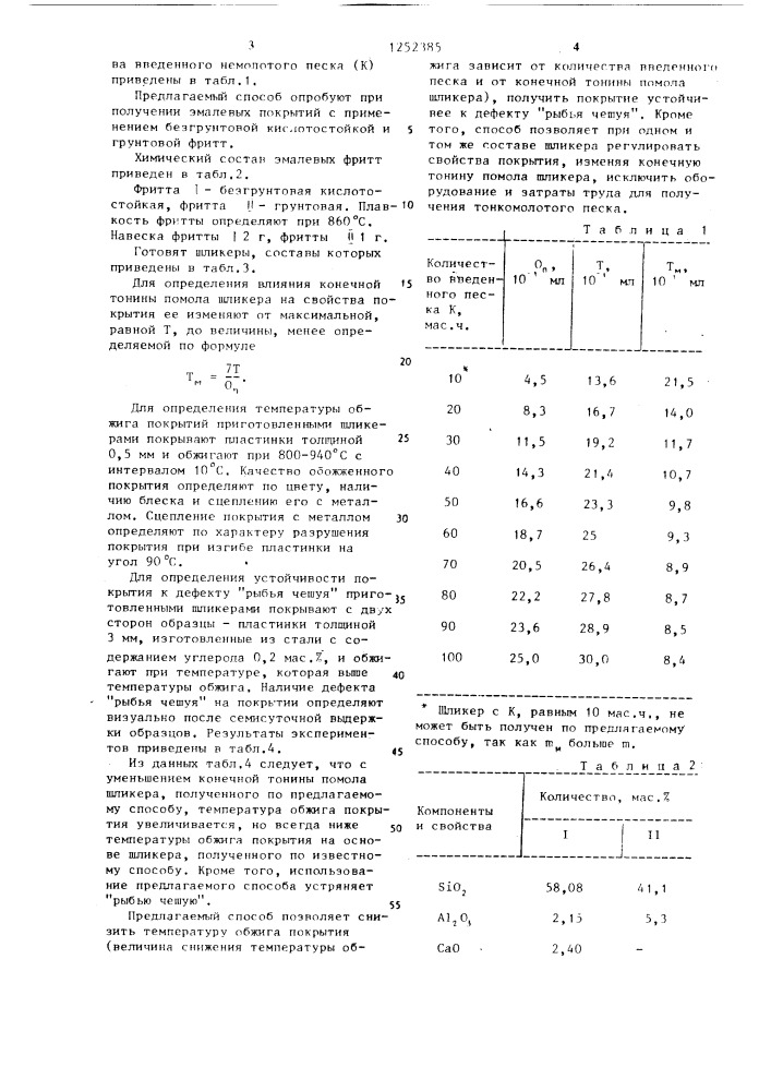 Способ приготовления эмалевого шликера (патент 1252385)