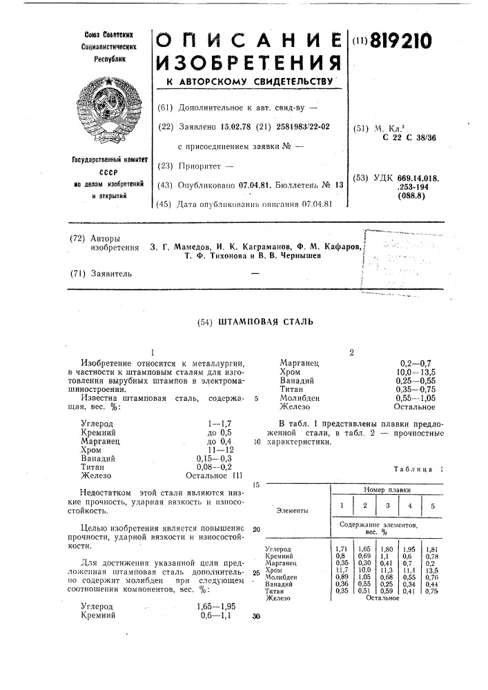 Штамповая сталь (патент 819210)