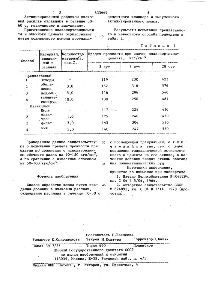 Способ обработки шлака (патент 833669)