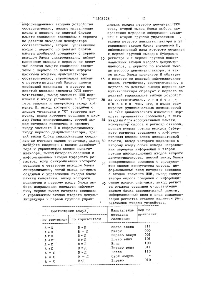 Устройство для формирования маршрута сообщения в однородной вычислительной системе (патент 1508228)