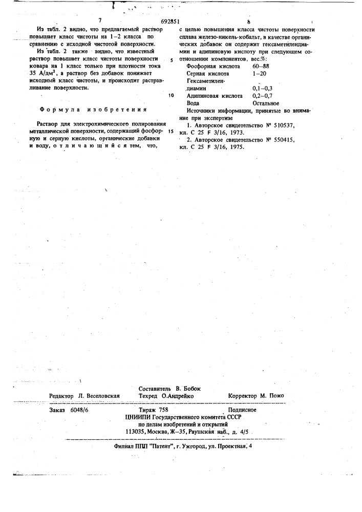 Раствор для электрохимического полирования металлической поверхности (патент 692851)