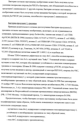 Способ получения l-треонина с использованием бактерии, принадлежащей к роду escherichia, обладающей усиленной экспрессией оперона fucpikur (патент 2318870)