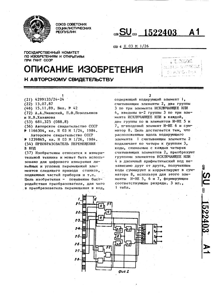 Преобразователь перемещения в код (патент 1522403)