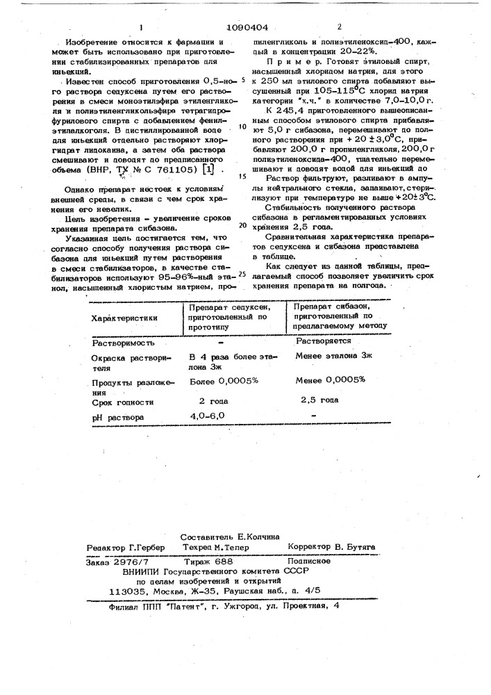 Способ получения раствора сибазона для инъекций (патент 1090404)