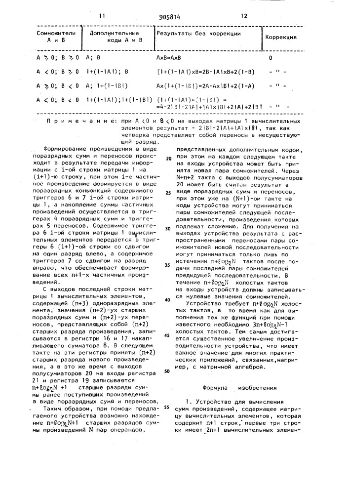 Устройство для вычисления сумм произведений (патент 905814)