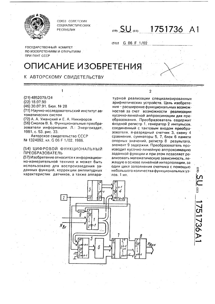 Цифровой функциональный преобразователь (патент 1751736)