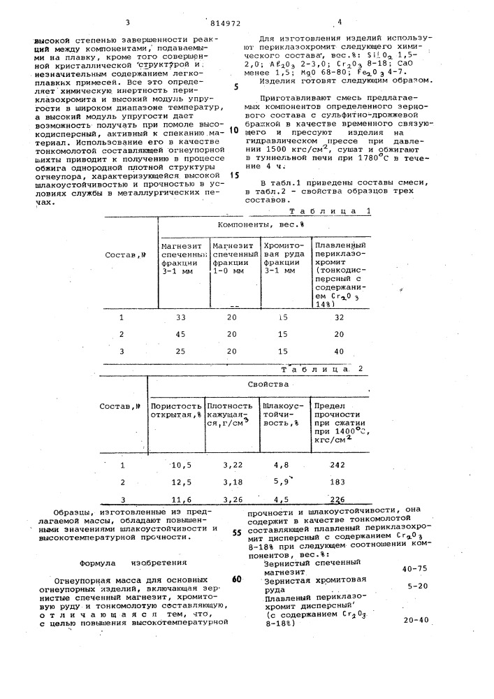 Огнеупорная масса (патент 814972)