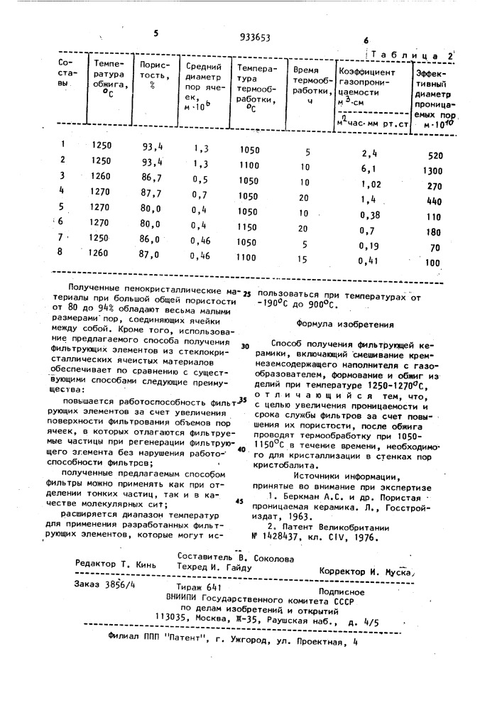 Способ получения фильтрующей керамики (патент 933653)