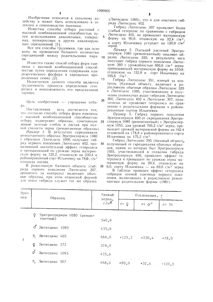 Способ отбора форм пшеницы с высокой комбинационной способностью (патент 1099905)