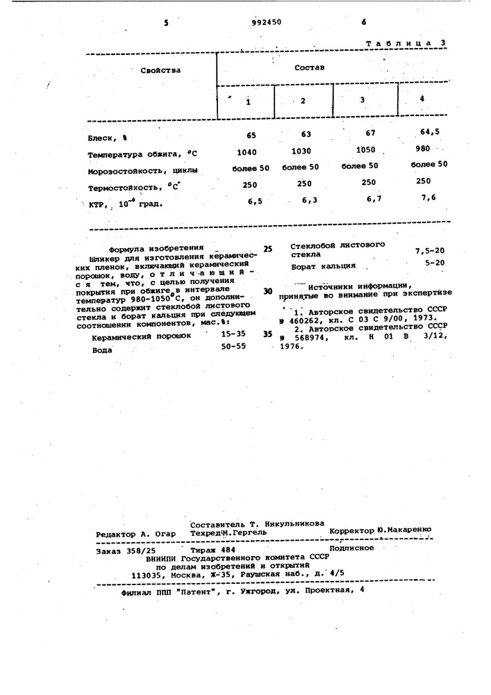 Шликер для изготовления керамических пленок (патент 992450)