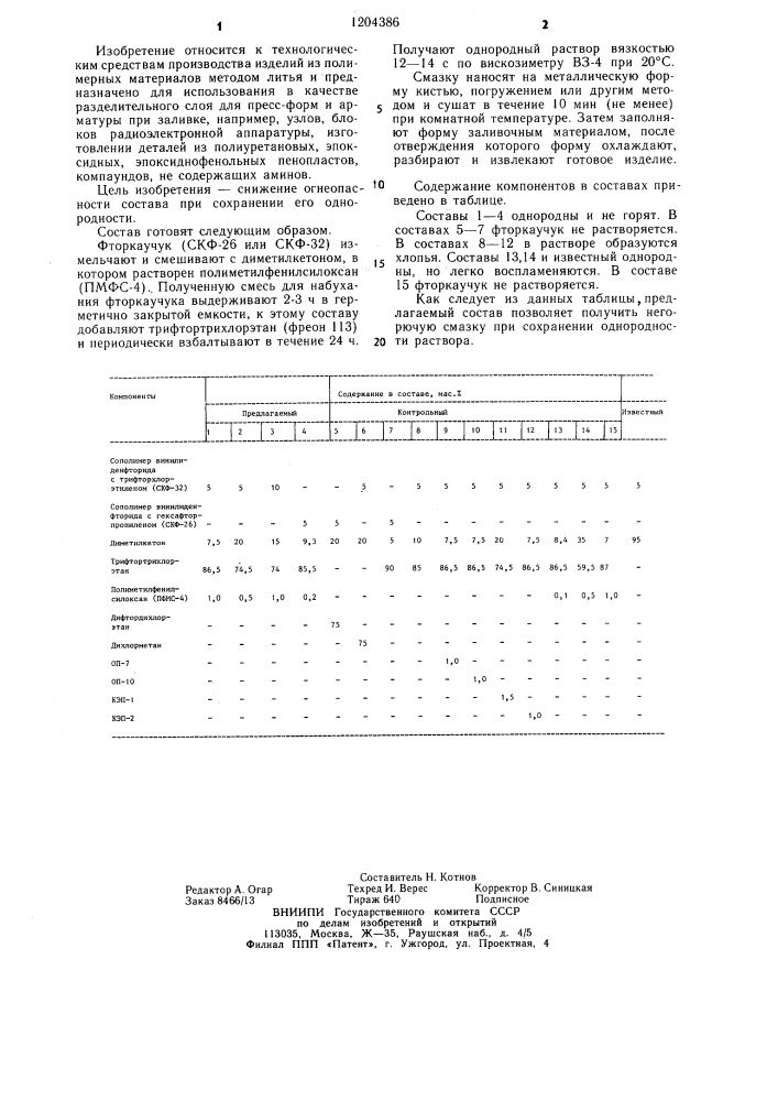 Состав смазки для пресс-форм и арматуры (патент 1204386)