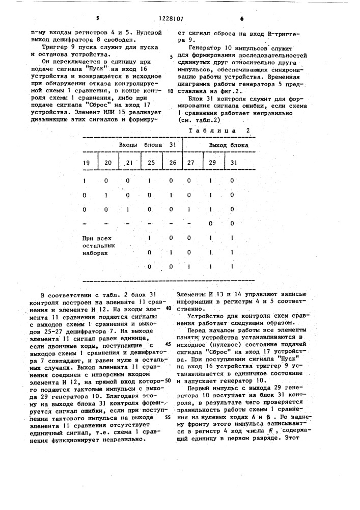 Устройство для контроля схем сравнения (патент 1228107)