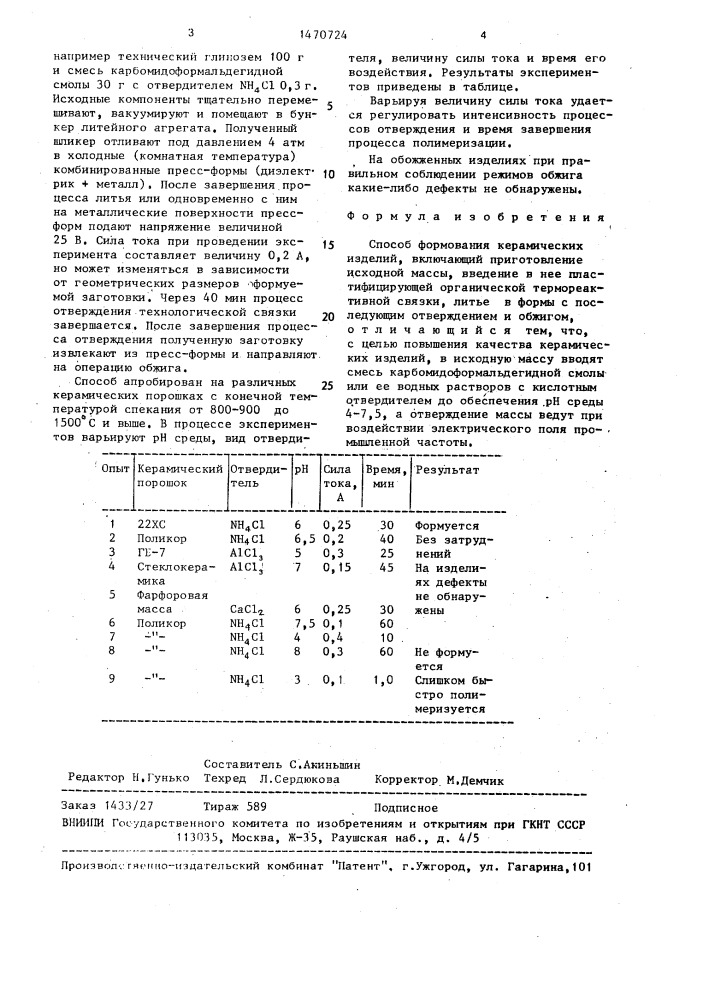 Способ формования керамических изделий (патент 1470724)