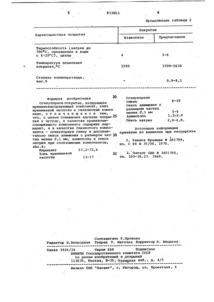 Огнеупорное покрытие (патент 833853)