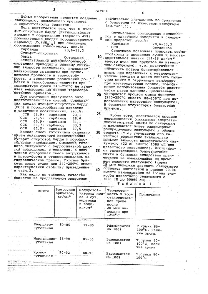 Связующее для окускования ферросплавных шихт (патент 747904)