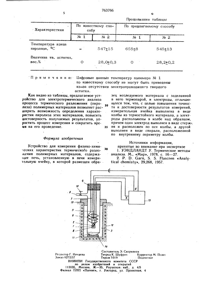 Устройство для измерения физико-химических характеристик термического разложения полимерных материалов (патент 763766)