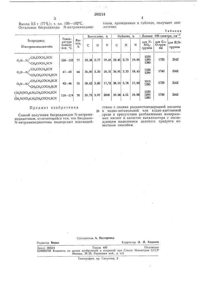 Способ получения бисроданидов n-нитрамино-дикетонов (патент 283213)