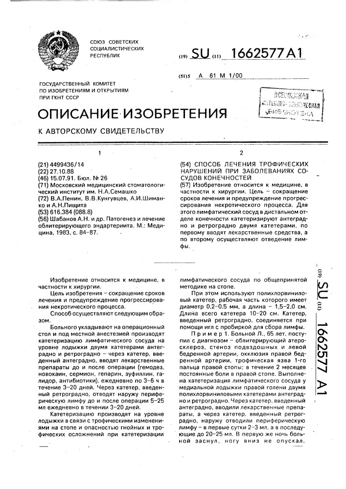 Способ лечения трофических нарушений при заболеваниях сосудов конечностей (патент 1662577)