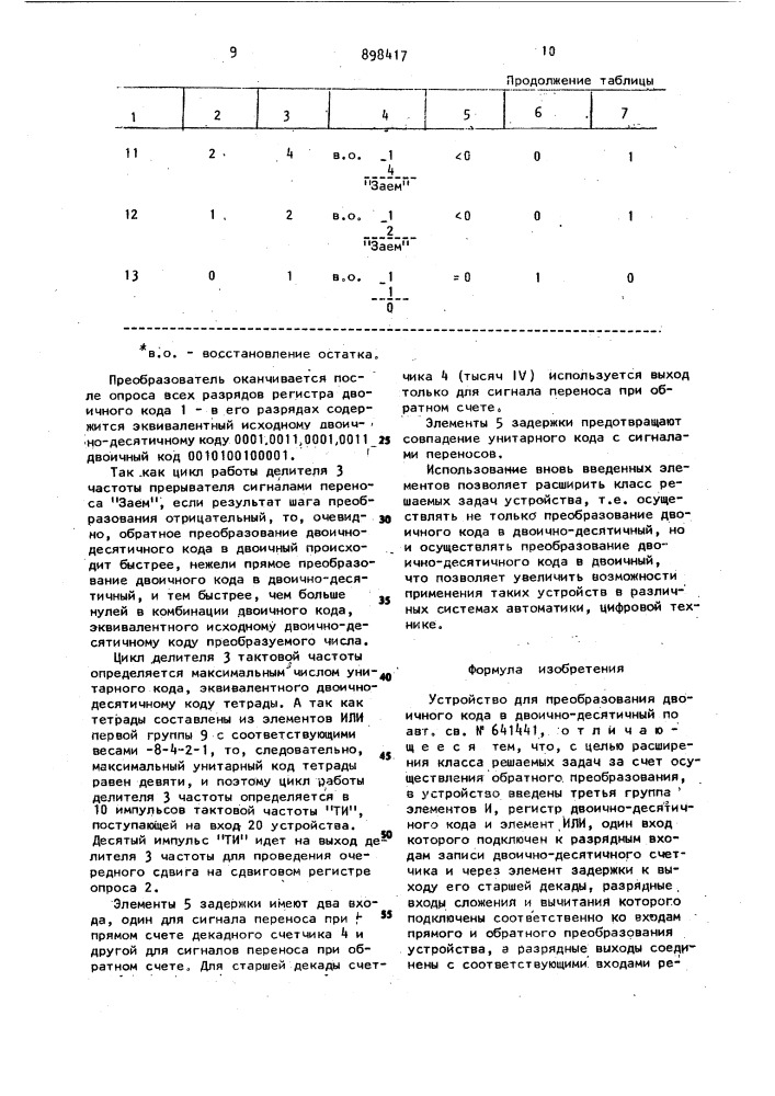 Устройство для преобразования двоичного кода в двоично- десятичный (патент 898417)