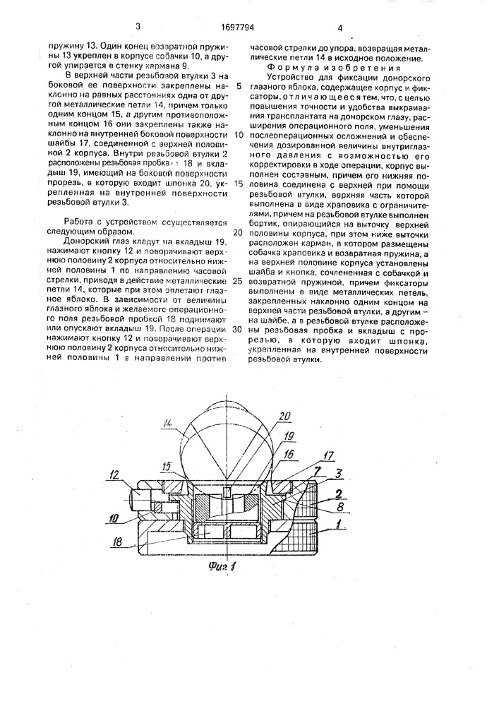 Устройство для фиксации донорского глазного яблока (патент 1697794)