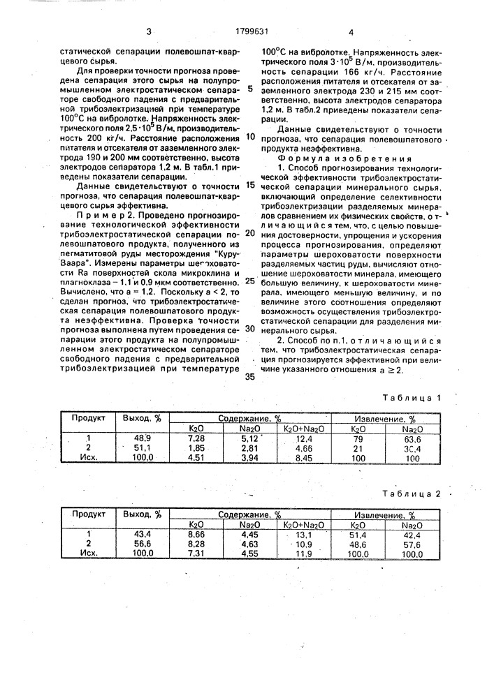 Способ прогнозирования технологической эффективности трибоэлектростатической сепарации минерального сырья (патент 1799631)