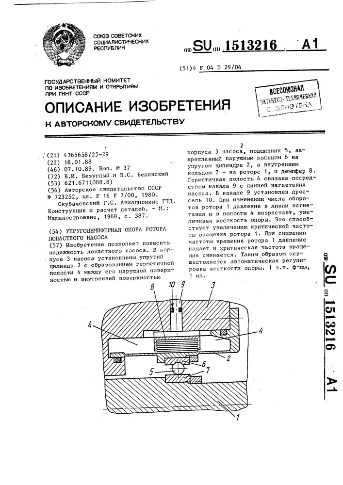 Упругодемпферная опора ротора лопастного насоса (патент 1513216)