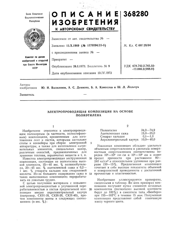 Электропроводящая композиция на основе полиэтилена (патент 368280)