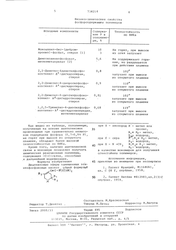 Диалкиловые эфиры замещенных этинилфосфоновых кислот в качестве мономеров для получения огнестойких полимеров (патент 734214)