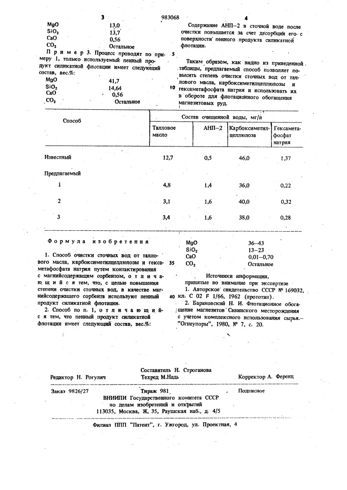 Способ очистки сточных вод от таллового масла, карбоксиметилцеллюлозы и гексаметафосфата натрия (патент 983068)