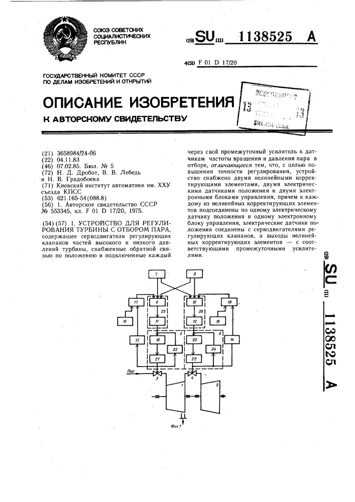 Устройство для регулирования турбины с отбором пара (патент 1138525)