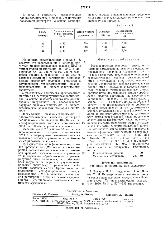 Регенерируемая резиновая смесь (патент 776933)