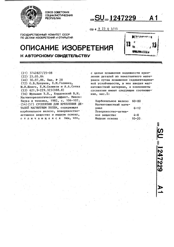 Суспензия для крепления деталей магнитным полем (патент 1247229)