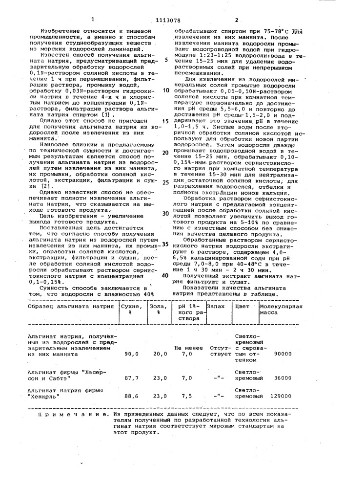 Способ получения альгината натрия из водорослей (патент 1113078)