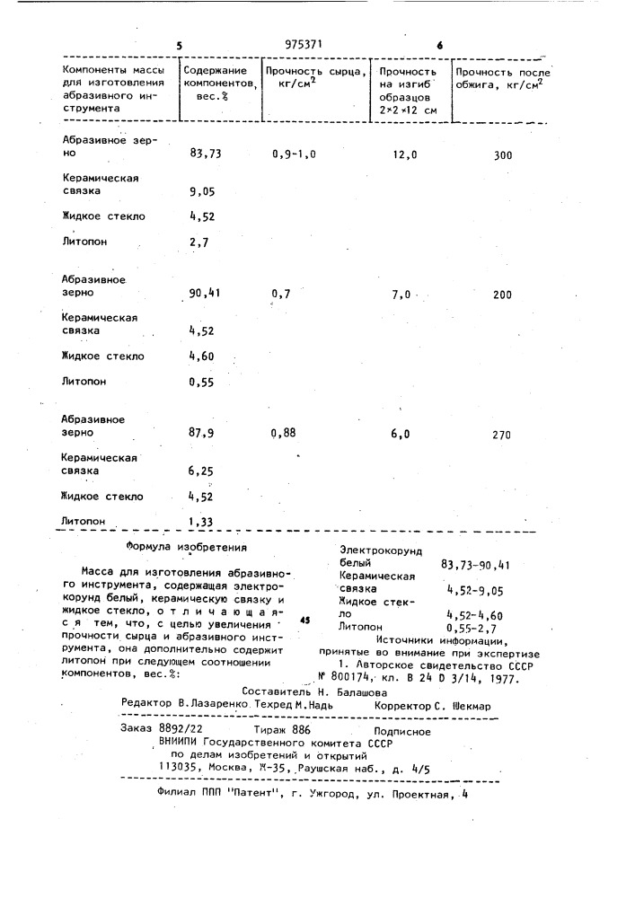 Масса для изготовления абразивного инструмента (патент 975371)