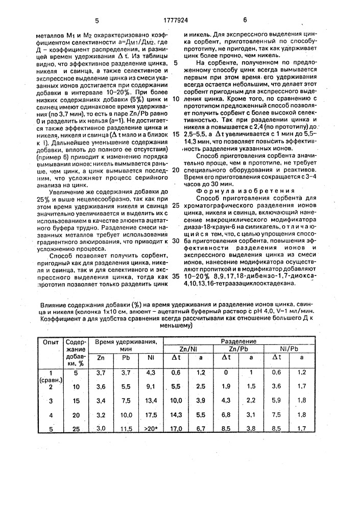 Способ приготовления сорбента для хроматографического разделения ионов цинка, никеля и свинца (патент 1777924)