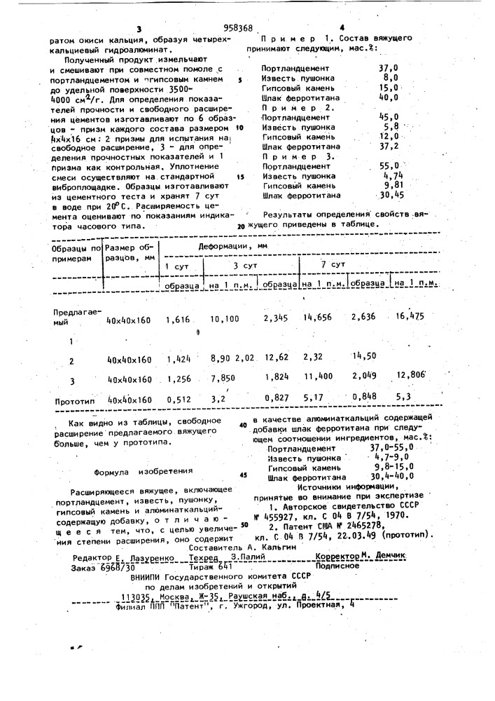 Расширяющееся вяжущее (патент 958368)