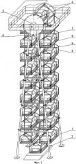 Вертикальное многоцелевое модульное устройство конвейерного типа для хранения объектов, например гараж-стоянка (патент 2307221)