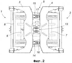 Предотвращающая качание плавающая боковая опора для двух последовательно расположенных вагонных конструкций, шарнирно сочлененных на общей железнодорожной колесной тележке (патент 2309070)